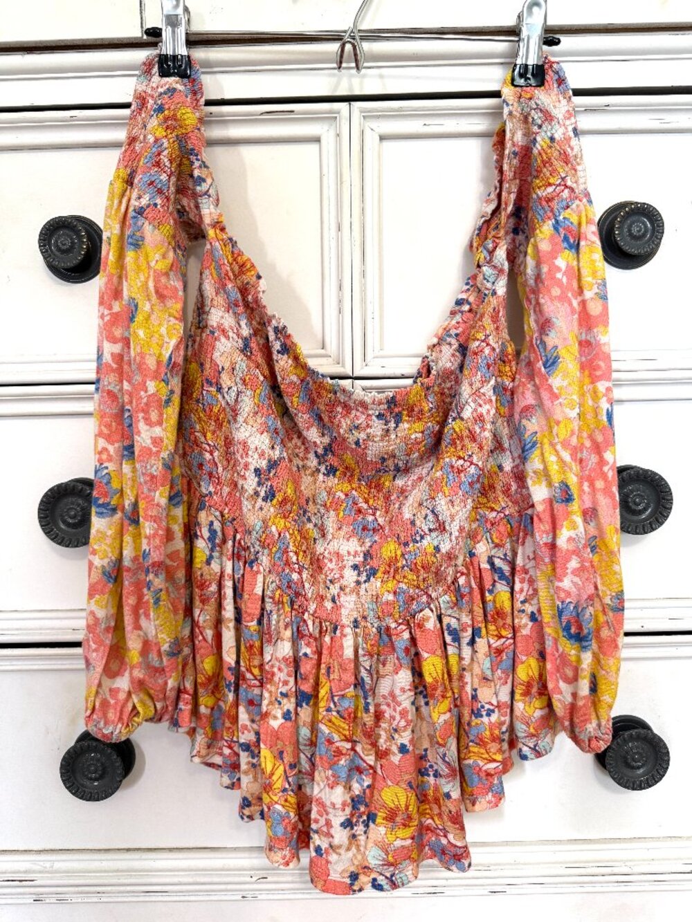 Anthropologie Pink Floral Smocked Off-Shoulder Blouse size Medium